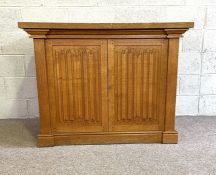 A oak linenfold side cabinet, with solid rectangular top and two doors. (Would make an excellent