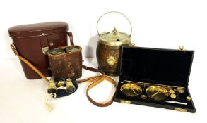 A vintage oak and plated biscuit barrel; also two pairs of binoculars, a pair of opera glasses and a