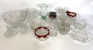 A group of assorted pressed and cut glass, including a ruby flashed jug and bowl (a lot)