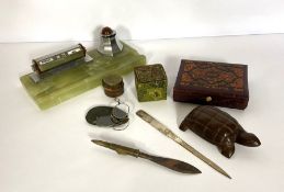 A group of assorted desk related items, including an agate based perpetual calendar and inkwell; a