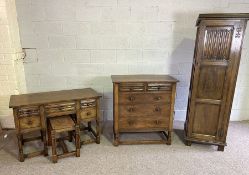 A large oak bedroom suite, in 17th Jacobean century style, with a kneehole desk, narrow single