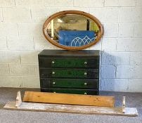 A green painted chest of drawer; together with two long pine wall shelves and an oval mirror (3)
