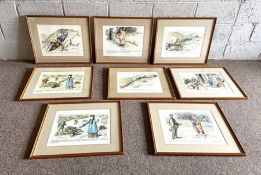 A set of eight vintage framed deer stalking, golfing and hunting related humourus prints, possibly