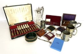 Assorted metalware, including several hip flasks, an attractive Georgian style silver plated and cut