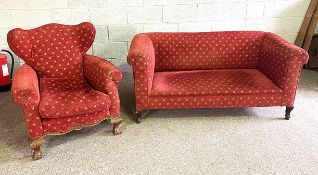 A small vintage Chesterfield style two seat settee; together with a small wing armchair, both