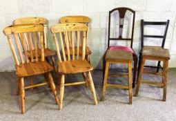 Four modern pine kitchen chairs, with two vintage stools and two side chairs; together with a modern