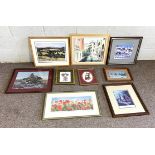 An assortment of decorative pictures and prints, including horses in a winter landscape, various