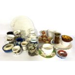 A large assortment of ceramics, including a colourful set of coffee cups, hunting print decorated