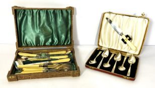 Ephemera, including a good antler handled carving set, cased; a trinket chest, assorted flatware and