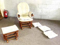 A modern Windsor style nursing chair, with padded seat cushions and a matching stool (2)