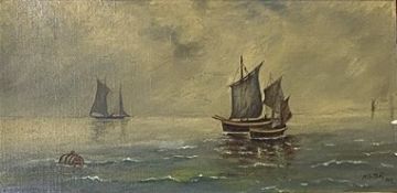 A group of seven small pictures, including a maritime painting of sailing boats and a still life