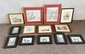 A group of thirteen assorted small decorative pictures and prints, including townscapes and highland