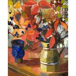 Anne Carrick, Scottish (1919-2005), Still life of berries and autumn leaves in a jug, oil on