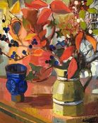Anne Carrick, Scottish (1919-2005), Still life of berries and autumn leaves in a jug, oil on