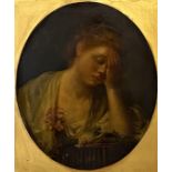British School, 19th century, Portrait of a Lady, grieving a dead bird, half length in oval, oil