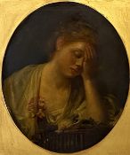 British School, 19th century, Portrait of a Lady, grieving a dead bird, half length in oval, oil
