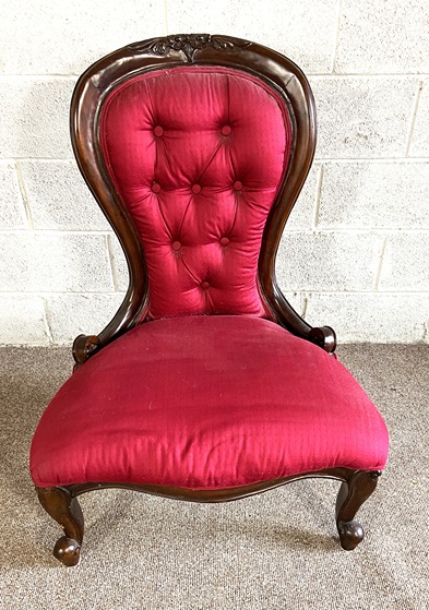 A Victorian style balloon backed and button upholstered easy chair; also child’s armchair, with pink - Image 2 of 6