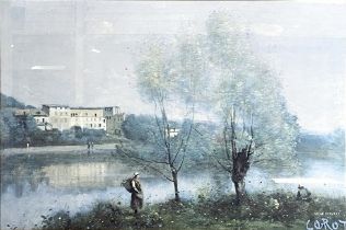 A collection of assorted prints, including a landscape, after Corot; a print of Queen Elizabeth