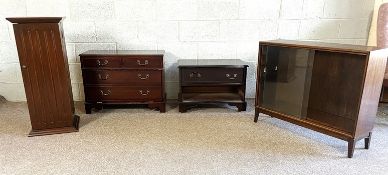 Assorted furniture including a small chest of three drawers, a TV cabinet, glass mounted cabinet and
