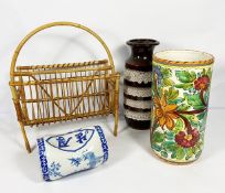 Assorted items, including a Chinese style ceramic rest, two large vases, a wicker basket and