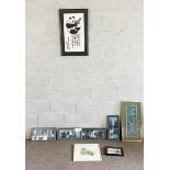 A group of oriental pictures and prints, including a framed embroidered panel, an ink drawing of a