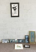 A group of oriental pictures and prints, including a framed embroidered panel, an ink drawing of a