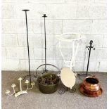 Assorted metalware, including a vintage brass and iron preserving pan, assorted candle-stands, and