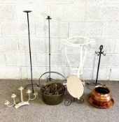 Assorted metalware, including a vintage brass and iron preserving pan, assorted candle-stands, and