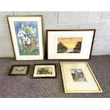 A small group of five decorative pictures, including C Napier, the back yard, watercolour, signed