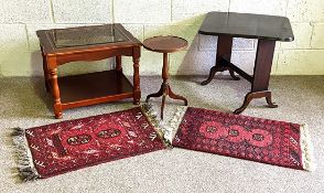 A small Regency style wine table; together with a glass topped lamp table; a small drop leaf