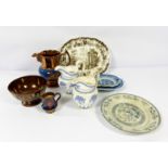 Assorted ceramics, including a pair of Staffordshire jugs with light blue relief decoration, and a