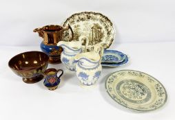 Assorted ceramics, including a pair of Staffordshire jugs with light blue relief decoration, and a