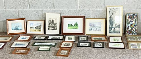 A large group of decorative pictures and prints, including small landscape prints, townscapes,