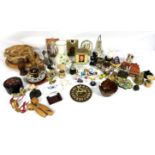 A diverse selection of figurines, ornaments and household objects, including a carved owl, novelty