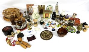 A diverse selection of figurines, ornaments and household objects, including a carved owl, novelty