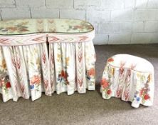 A vintage upholstered kidney shaped dressing table, with matching stool, all with floral upholstery,