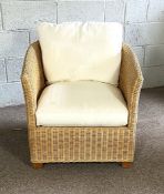 A modern wicker tub armchair, with padded seat cushions; also another open wicker chair (2)