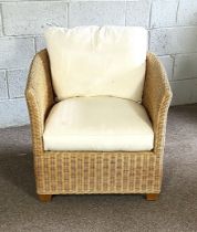 A modern wicker tub armchair, with padded seat cushions; also another open wicker chair (2)