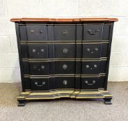An Italian style breakfront commode, with a polished shaped top over four drawers, painted and gilt,