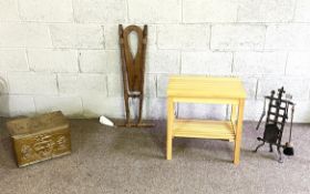 Assorted items, including a vintage folding boot jack; a small fire companion set; a pressed brass