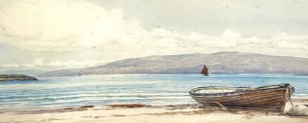 Three assorted landscapes, including a watercolour of a drawn up rowing boat, a Highland loch and