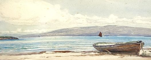 Three assorted landscapes, including a watercolour of a drawn up rowing boat, a Highland loch and