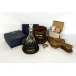Assorted items, including a presentation decanter and stand; a small vintage bellows; decorative