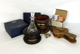 Assorted items, including a presentation decanter and stand; a small vintage bellows; decorative