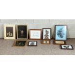 A group of assorted Thai and Indian decorative pictures, including framed embroideries of figures,
