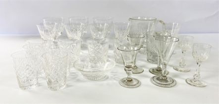 A collection of assorted table glassware including small Georgian style toasting glasses, various