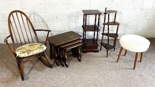 An Ercol style Windsor rocking chair, also a small nest of tables, two plant stands and a fluffy