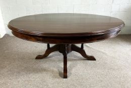 A Victorian style breakfast table, modern, with circular moulded top, set on a pedestal with four