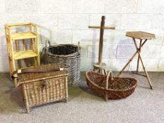 A group of vintage wicker baskets, also a provincial wool winding stool, a bamboo occasional