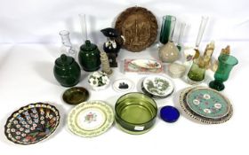 An assortment of ceramics and related, including a pair of green lidded vases; a pair of
